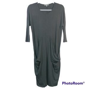 Joan Vass  Gray Drape Pockets Lagenlook Stretch Dress 3/4 Sleeve Size Small